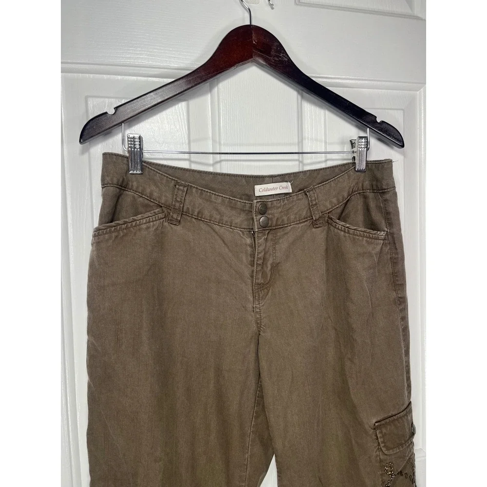 Coldwater Creek Cargo Pants P10 Brown Tencel Blend Embroidered Utility Boho
